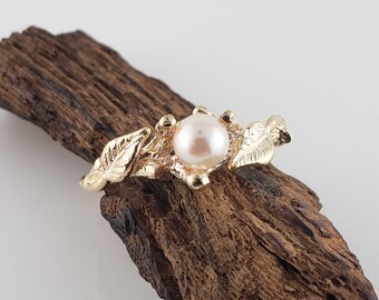 3 Prong Leaf and Twig Engagement Ring with Akoya Pearl, Engagement Ring, by DV Jewelry Designs