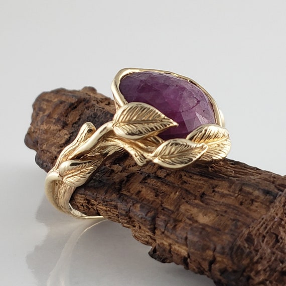 Raw Ruby Leaf and Twig Engagement Ring, Nature Inspired Anniversary Ring, Hand Sculpted by DV Jewelry Designs