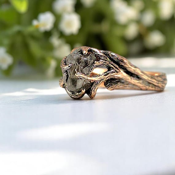 Vintage Style Raw Rough 2 Carat Salt & Pepper Diamond Ring in 14k Rose Gold - Unique Engagement Ring