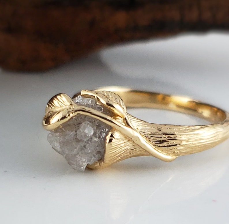 Leaf & Vine Twig Engagement Ring With a Rough Uncut Diamond Etsy