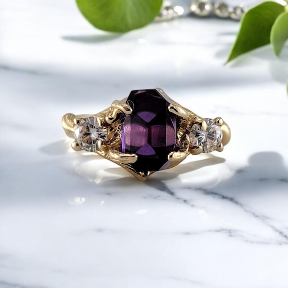 Engagement Ring - Moissanite & Amethyst Birthstone Wedding Band, Nature Inspired Yellow Gold Jewelry, Ring of the Day!