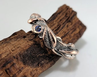 Leaf Twig and Vine Wedding Band with Sapphire in Solid Gold Antiqued Finish, by DV Jewelry Designs