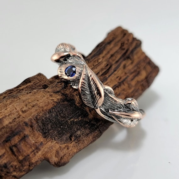 Leaf Twig and Vine Wedding Band with Sapphire in Solid Gold Antiqued Finish, by DV Jewelry Designs