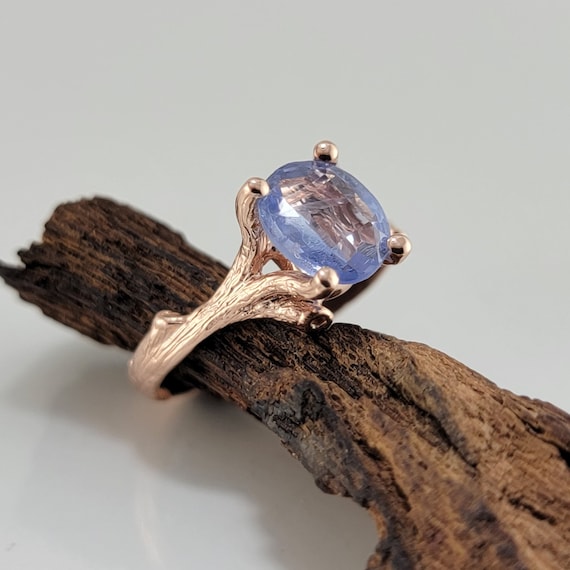 Blue Oval Sapphire Twig Engagement Ring in Solid 14k Rose Gold - Solitaire - by DV Designs