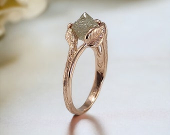 Leaf and Twig Floating Raw Rough Diamond Engagement Ring in 14k Rose Gold, Wedding Ring by DV Jewelry Designs