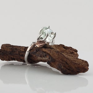 Hand Cut Aquamarine, 14k White Gold Twig Engagement Ring with 14k Rose Gold Leaves, Two Tone Wedding Ring image 6