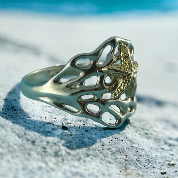 Sea Fan Coral Ring with a 14k Gold Starfish, Sea Fan Coral Ring, Starfish Ring, Ocean Inspired Ring by DV Jewelry Designs