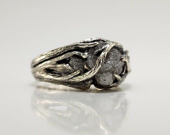 Three Rough Diamond Twig Engagement Ring in Sterling Silver,  Branch Ring - Anniversary Ring- DV Jewelry Designs