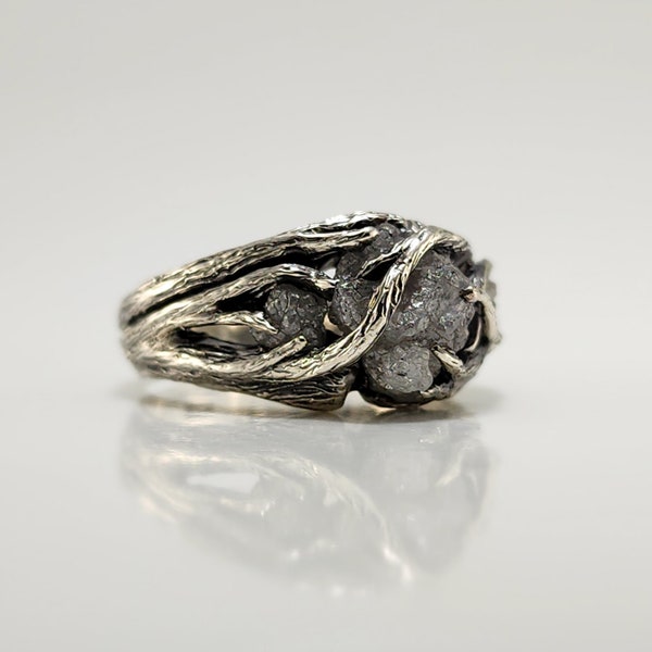Three Rough Diamond Twig Engagement Ring in Sterling Silver,  Branch Ring - Anniversary Ring- DV Jewelry Designs