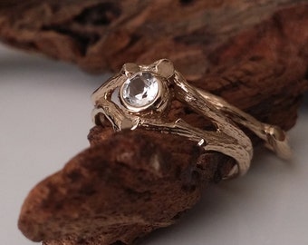 Twig Moissanite Engagement Ring, Solid Gold, Gemstone Ring, Unique Engagement Ring, Moissanite Wedding Ring Set, Branch Anniversary Ring,