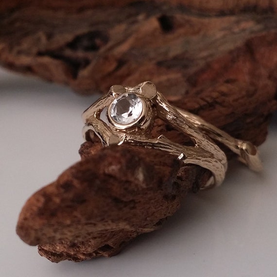 Twig Moissanite Engagement Ring, Solid Gold, Gemstone Ring, Unique Engagement Ring, Moissanite Wedding Ring Set, Branch Anniversary Ring,