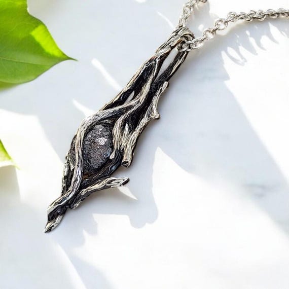 Black Diamond Sterling Silver Twig Style Pendant - One of a Kind Diamond Pendant by DV Jewelry Designs