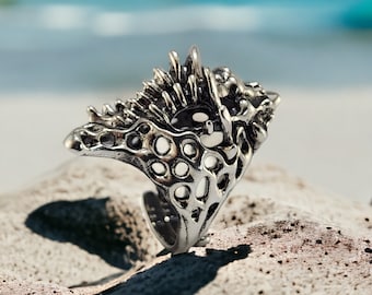 Ocean and Beach Style Fan Coral and Murex Shell Ring - Statement Jewelry - Beach Gift by DV Jewelry Designs