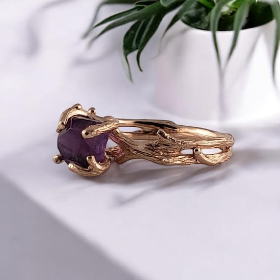 Raw Amethyst Branch Twig Ring - Hand-cut Amethyst Jewelry in Solid 14k Rose Gold -Purple Stone Ring by DV Jewelry Designs