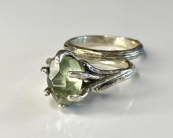 Sterling Silver Green Amethyst Bridal Set, Gemstone Silver Ring, Raw Stone Engagement Ring by DV Jewelry Designs