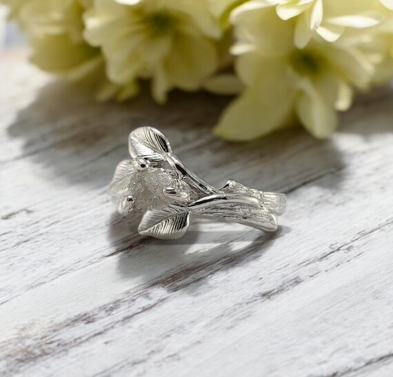 Raw Diamond Ring - Gold Engagement Ring, Bridal Set, Nature Inspired Leaf, Flower Design, Unique Rough Diamond Engagement Ring