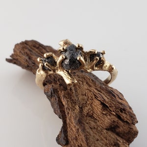 14k Yellow Gold 3 Black Rough Raw Diamond Engagement Ring by Dawn Vertrees