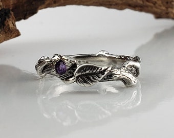 Gemstone Hand Sculpted Leaf Twig and Vine Silver Promise Ring, Eternity Ring, Oxidation, Wedding Ring, Engagement Ring by Dawn Vertrees