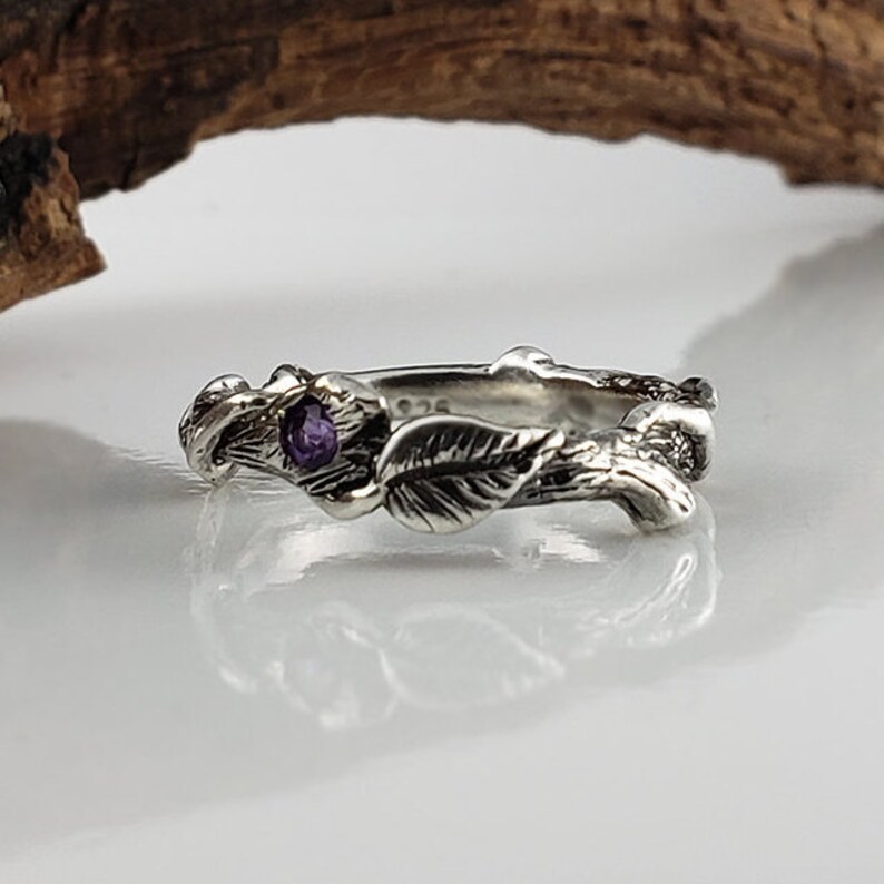 Gemstone Hand Sculpted Leaf Twig and Vine Silver Promise Ring, Eternity Ring, Oxidation, Wedding Ring, Engagement Ring by Dawn Vertrees image 1