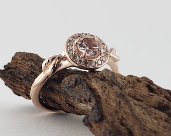 Natural Pink Morganite Princess Ring with Halo of Diamonds in 14k Rose Gold by Dawn Vertrees