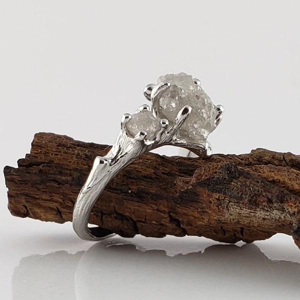 14k White Gold Raw Diamond Engagement Ring: Ethically Sourced Twig Ring