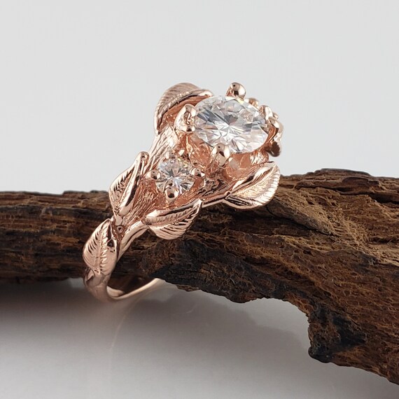 Moissanite Leaf & Twig Engagement Ring in Solid Gold- Three Stone Wedding Ring - by DV Jewelry Designs