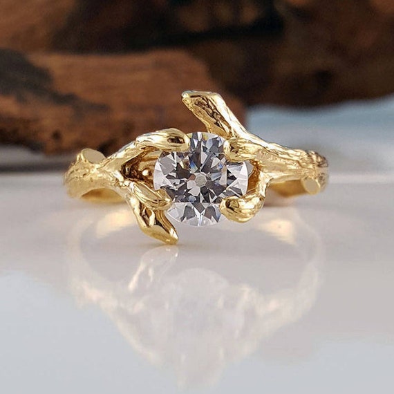 Round Moissanite Twig Engagement Ring in Solid Gold ,Wedding Ring, Anniversary Ring by DV Jewelry Designs