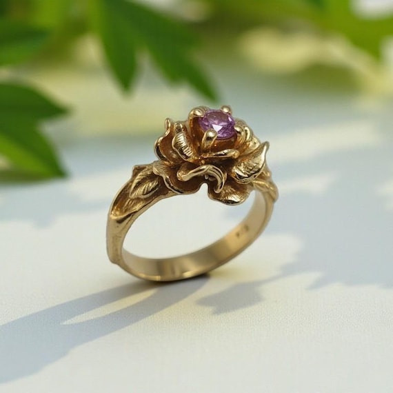 Pink Sapphire Rose Ring in Solid Gold - Natural Gemstone Floral Engagement Ring