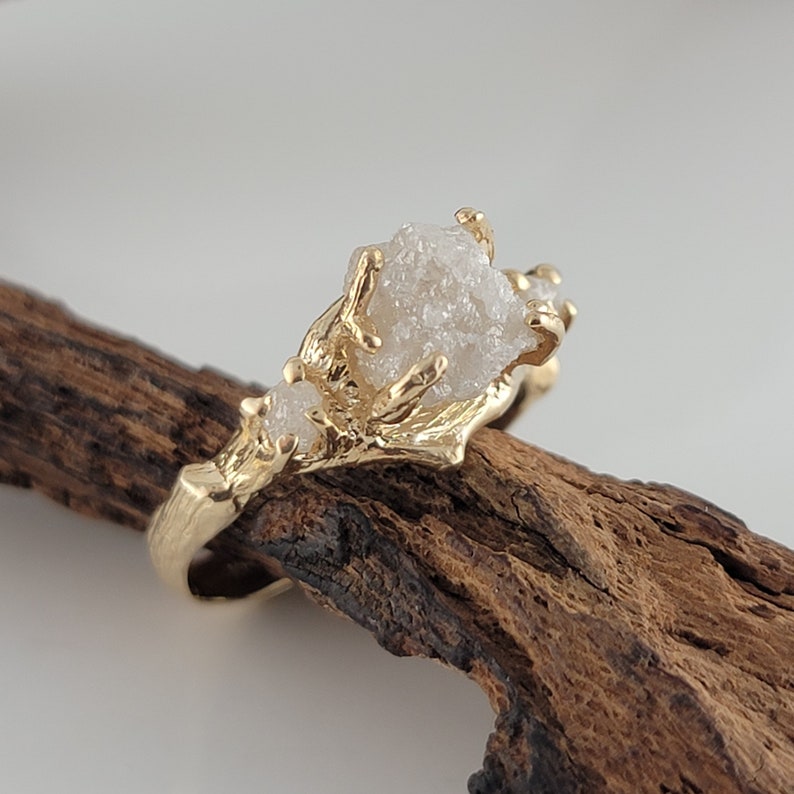 Rough Diamond Twig Engagement Ring in 14k Gold Raw Diamond Ring 3 Stone Diamond Ring Anniversary Ring Wedding Ring 14k Yellow Solitaire