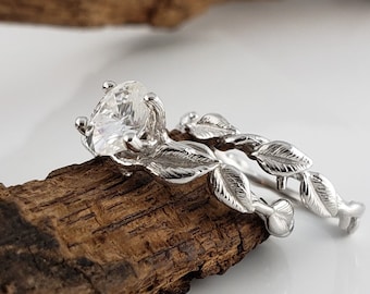 Moissanite Leaf Engagement Ring Set: 14k White Gold Bridal Wedding Rings