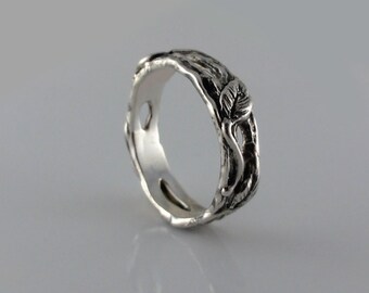Oxidized Sterling Silver Twig and Leaf Wedding Band - Mens Ring
