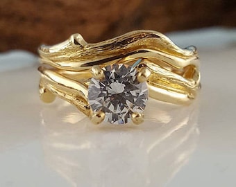 Round 1ct Moissanite Engagement Ring, Branch Style Bridal Set, Diamond Ring in 14k or 18k gold by Dawn Vertrees Jewelry