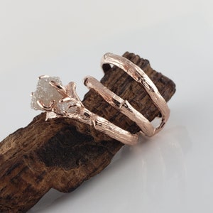 14k Rose Gold Rough Diamond Engagement Ring with Interlocking Ring Guard - 3 Diamond Ring - Anniversary Ring - Wedding Ring