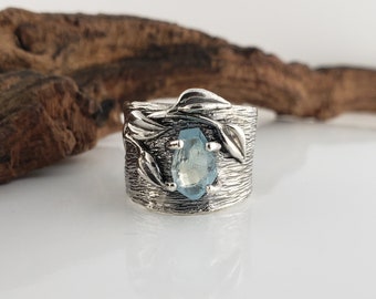 Wide Band Aquamarine Gemstone Leaf and Twig Ring in Sterling Silver or Gold - Handmade by Dawn, DV Jewelry Designs