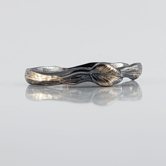 Leaf and Twig Wedding Band - Black Rhodium Engagement Ring - Raw Uncut Wedding Ring - 14k Gold
