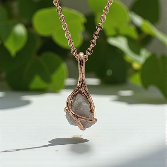 Rough Diamond Twig Pendant Necklace in 14k Rose Gold – One-of-a-Kind Nature-Inspired Jewelry