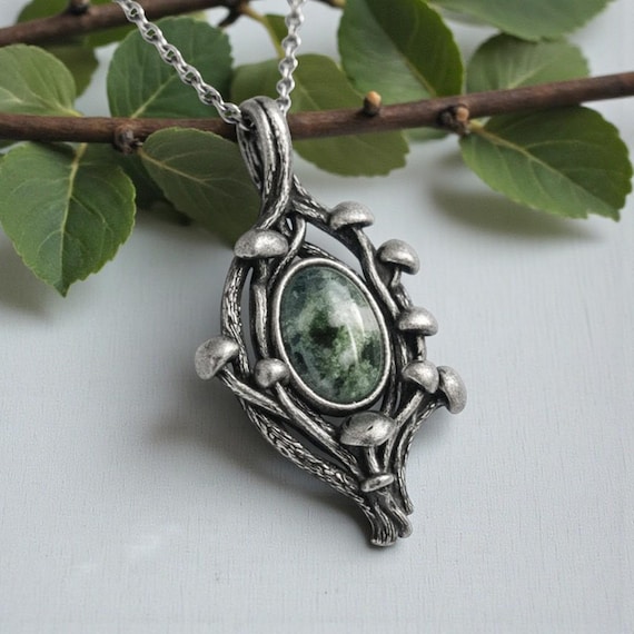 Moss Agate Mushroom Branch Style Sterling Silver Pendant