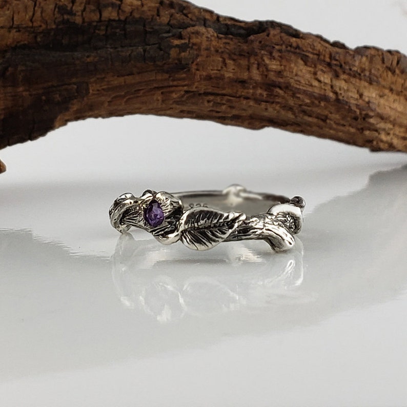 Gemstone Hand Sculpted Leaf Twig and Vine Silver Promise Ring, Eternity Ring, Oxidation, Wedding Ring, Engagement Ring by Dawn Vertrees image 2