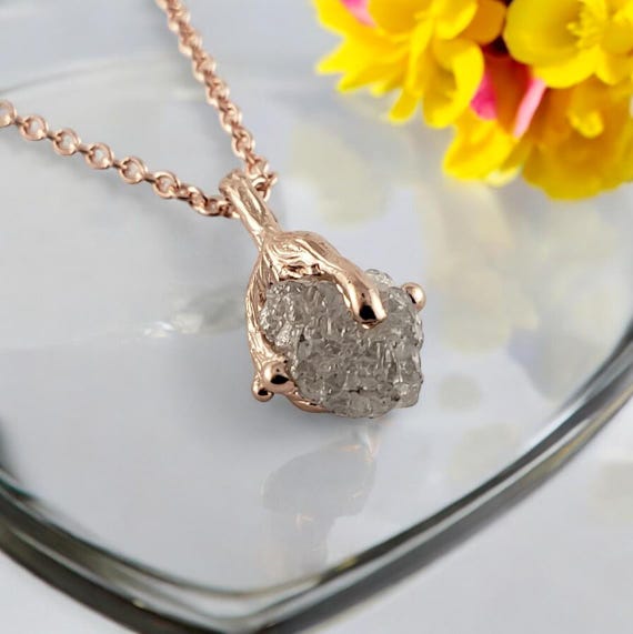 Unique Sculpted Twig Pendant with Raw Uncut Diamond, Perfect Gift for Her or Him, Anniversary Jewelry