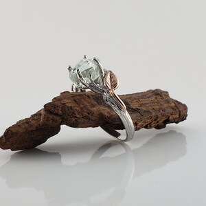 Hand Cut Aquamarine, 14k White Gold Twig Engagement Ring with 14k Rose Gold Leaves, Two Tone Wedding Ring image 7