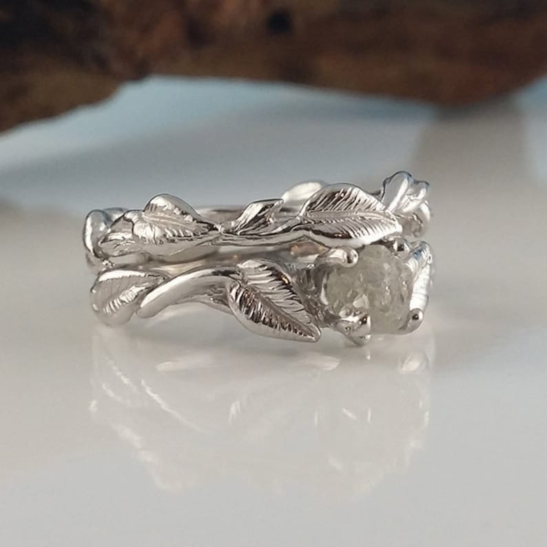 Leaf, Twig and Vine Uncut Rough Diamond Wedding Ring Set, Twig and Branch Style Bridal Ring Set in Solid Gold by Dawn Vertrees image 1