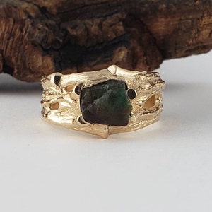 Raw Dark Green Emerald Mens Wedding Band in Gold, Rough Gemstone Ring by Dawn Vertrees