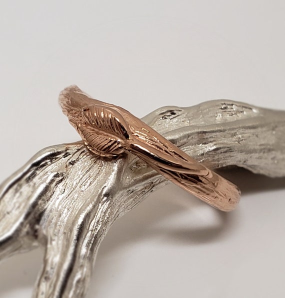 Nature-Inspired Gold Wedding Band & Engagement Ring with Hand-Sculpted Leaf Design