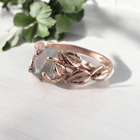 Leaf and Twig Aquamarine in 14k Rose Gold Engagement Ring, Hand-cut Rough Raw Gemstone Ring by DV Designs