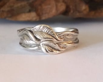 Leaf and Twigs Engagement Wedding Set, Twig Stacking Wedding Band with Leaves in Sterling Silver hand sculpted by Dawn Vertrees