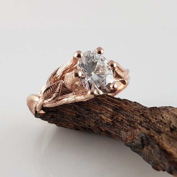 Handmade Oval Moissanite Rose Gold Engagement Ring, Twisted Leaf Band
