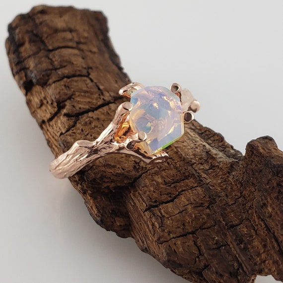 Opal Engagement Ring: Hand-Cut Gem, 14k Rose Gold Twig Band