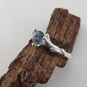 May include: A silver ring featuring a blue gemstone set in a branch-like design. The ring is displayed on a piece of dark wood.