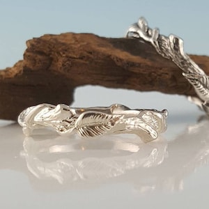 Hand Sculpted Silver Leaf Ring Vine Ring Sterling Silver Ring Feather Ring Hematite Ring image 4