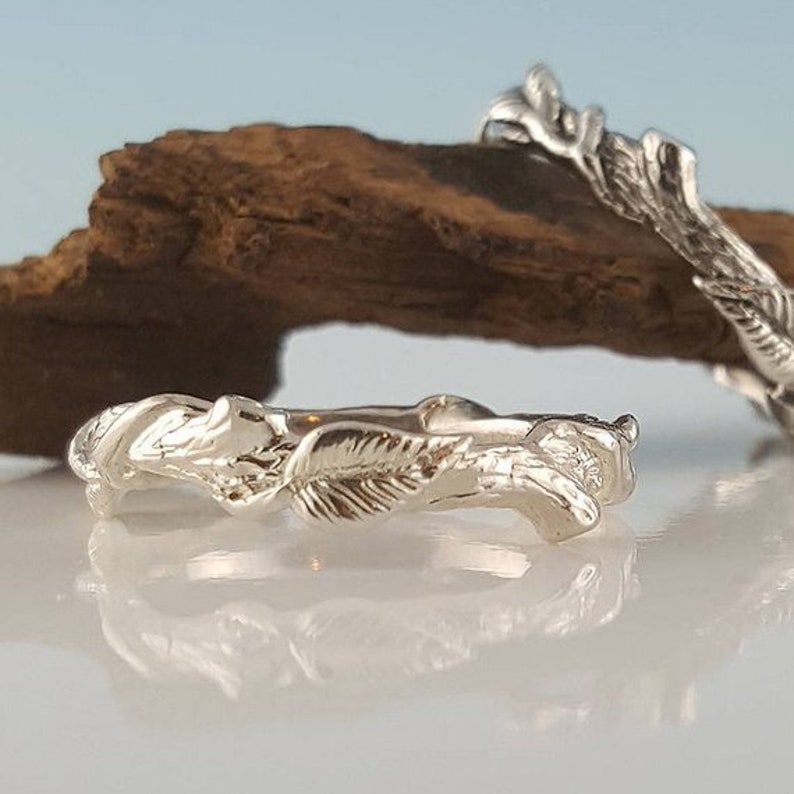 Hand Sculpted Silver Leaf Ring Vine Ring Sterling Silver Ring Feather Ring Hematite Ring image 4